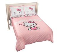 Jay Franco Hello Kitty - Juego de edredón y funda de almohada tamaño matrimonial/queen con diseño de rayas rosas y corazones, juego de colcha súper suave y ligero