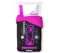 Jay Franco Juego de Funda Nórdica Minecraft Neon Creeper 100% Algodón - Incluye Funda de Almohada 50 x 70cm