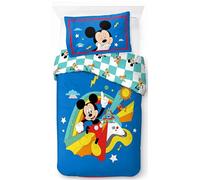 Jay Franco - Juego de sábanas individual de Disney con diseño de Mickey Mouse, 100% algodón, color azul - Incluye funda de almohada de 50 x 70 cm