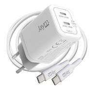 Jaym, Cargador de pared 2 USB-C GaN 65W PD-PPS con cable USB-C a USB-C 100W 2m
