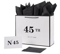 Jaywayang Bolsa de regalo grande blanca y negra con tarjeta y papel de seda, impresión metálica, regalo vintage para hombres y mujeres, bolsa de papel de fiesta de 45 años para regalos de mamá y papá