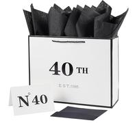 Jaywayang Bolsa de regalo grande blanca y negra con tarjeta y papel de seda, impresión metálica, regalo vintage para hombres y mujeres, bolsa de papel de fiesta de 40 años para envolver
