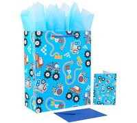 Jaywayang Bolsa de regalo grande de coche de carreras azul de 12.6 pulgadas con tarjeta de felicitación y papel de seda para niños (Monster Truck)