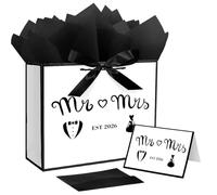 Jaywayang Bolsa de regalo grande EST 2025 Mr & Mrs con cinta y papel de seda, bolsas de regalo de despedida de soltera de 12.6 pulgadas, color blanco y negro metálico, compromiso, fiesta de despedida