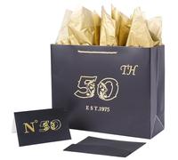 Jaywayang Bolsa de regalo grande negra de 50 cumpleaños con tarjeta y papel de seda, impresión metálica, regalo vintage para hombres y mujeres, bolsa de papel de fiesta de 50 años para envolver