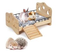 JAZUIHA Cama de madera para conejillo de indias con escalera, barandilla y alfombra, conejo enano, cama de conejo para animales pequeños, chinchillas, hámsters, hurones y erizos