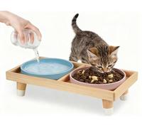 JAZUIHA Comedero para gatos elevado, incluye 2 cuencos planos y anchos, comedero con soporte de madera y cuenco de silicona para gatos, diámetro de 18 cm