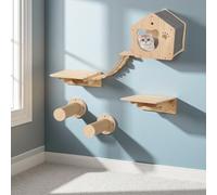 JAZUIHA Juego de pared de escalada para gatos de madera maciza, 4 piezas, paraíso de escalada y relajación para gatos domésticos, incluye cueva para gatos, puente colgante, tabla de descanso y pasos
