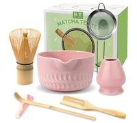JBER Juego de té matcha rosa, juego de té matcha de 7 piezas - escoba matcha de bambú, cuenco para matcha con caño, soporte para escoba matcha, cuchara y soporte, regalo para ceremonia matcha - rosa