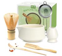 JBER Matcha Kit 7 Piezas - Kit Té Matcha de Ceremonia Japonesa con Tazón con Pico, Batidor de Bambú Chasen y Accesorios Completos, el Juego de Matcha Perfecto para Amantes del Té Matcha - Blanco Beige