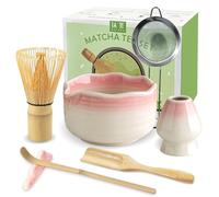 JBER Te Matcha Kit de 7 Piezas Matcha Set de Ceremonia Matcha Japonés con Batidor de Bambú, Cuchara de Té para Matcha, Soporte de Batidor de Cerámica y Tamiz (Rosa Degradado)