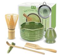 JBER Te Matcha Kit de 7 Piezas Matcha Set de Ceremonia Matcha Japonés con Batidor de Bambú, Cuchara de Té para Matcha, Soporte de Batidor de Cerámica y Tamiz, Ideal para el Hogar, Verde Clásico