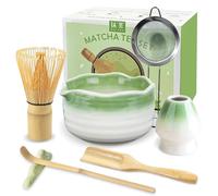 JBER Te Matcha Kit de 7 Piezas Matcha Set de Ceremonia Matcha Japonés con Batidor de Bambú, Cuchara de Té para Matcha, Soporte de Batidor de Cerámica y Tamiz (Verde Claro Degradado)