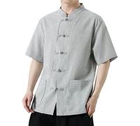 Jbsabotad Camisa de lino para hombre, manga corta, cuello alto, camisas chinas, tangzhuang, algodón, lino, trajes tradicionales, artes marciales, Kung Fu Tai Chi, uniforme de manga corta, ropa de