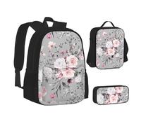 JBYJBX Bolsa de almuerzo con estampado de flores y plantas, estuche 3 en 1, color negro, talla única, negro, talla única, Black, Talla única