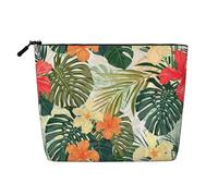 JBYJBX Bolsa de maquillaje impermeable con estampado de hojas de vegetación con flores de hibisco, bolsa de cosméticos de viaje con cremallera para mujer, Negro -, Talla única