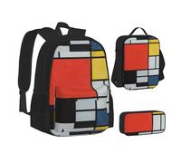JBYJBX Composition In Red Yellow Blue and Black Print Bookbag Lunch Bag Pencil Case 3 in 1 Backpacks Set Mochila, Negro, Talla Única, Negro, Talla Única, Black, Talla única