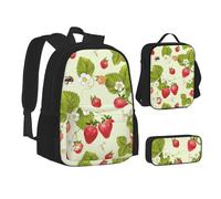 JBYJBX Lovely Strawberry Print Bookbag Lunch Bag Pencil Case 3 in 1 Mochilas Set Mochila, Negro, Talla Única, Black, Talla única