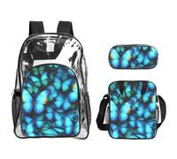 JBYJBX Many Blue Butterfly Print - Juego de mochila transparente unisex para la escuela, viajes al aire libre, bolsa de almuerzo transparente de 3 piezas