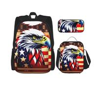 JBYJBX Mochila escolar con diseño de águila de fuego de bandera americana, correas ajustables para el hombro, bolsa de almuerzo, estuche 3 en 1, Negro -, Talla única