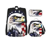 JBYJBX Mochila escolar con diseño de bandera americana, águila y fuegos artificiales, correas ajustables para el hombro, bolsa de almuerzo, estuche 3 en 1