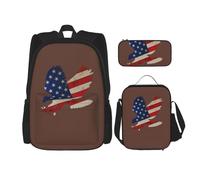JBYJBX Mochila escolar con estampado de águila americana y bandera, correas ajustables para el hombro, bolsa de almuerzo, estuche 3 en 1, Negro -, Talla única