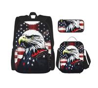 JBYJBX Mochila escolar con estampado de águila y bandera americana, correas ajustables, bolsa de almuerzo, estuche 3 en 1, Negro -, Talla única