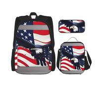 JBYJBX Mochila escolar con estampado de bandera americana Fly Eagle 1, correas ajustables para el hombro, bolsa de almuerzo, estuche 3 en 1, Negro -, Talla única