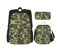 JBYJBX Mochila escolar con estampado de camuflaje militar verde, correas ajustables para el hombro, bolsa de almuerzo, estuche 3 en 1, Negro -, Talla única