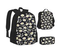 JBYJBX White Daisy Print Bookbag Lunch Bag Pencil Case 3 en 1 Juego de mochilas, color negro, talla única