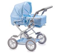 JC Toys- Carro Deluxe plegable de 4 ruedas, para muñecas de hasta 45 cm, convertible a silla de paseo, azul con lunares blancos, cesta de transporte extraíble, diseñado por Berenguer, +3 años