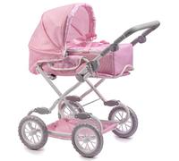 JC Toys- Carro Deluxe plegable de 4 ruedas, para muñecas de hasta 45 cm, convertible a silla de paseo, rosa con lunares blancos, cesta de transporte extraíble, diseñado por Berenguer, +3 años