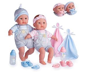 JC Toys- Muñecos bebés Gemelos de Berenguer Boutique de Cuerpo Blando de 38 cm, Sus Ojos abren y cierran, Incluye Ropa y 8 Accesorios, diseñado en España por Berenguer, +2 años