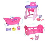 JC TOYS- Set de 3 Piezas para muñecas, bañera, Silla Alta de Comer, Cuna Mecedora y 9 Accesorios, muñecas hasta 36 cm, Ideal para Jugar, Rosa, diseñado por Berenguer, +2 años
