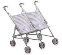 JC Toys- Silla de paseo gemelar, plegable modo paraguas, para muñecas de hasta 45 cm, ideal para jugar y pasear, blanco y gris a rayas, decoración elefante, diseñado por Berenguer, +2 años