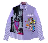 JCARSON Camisa de rayas para hombre, diseño de retazos, con botones, de gran tamaño, vintage, de manga larga, estilo casual, Púrpura, X-Large