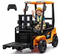 JCB - Carretilla elevadora eléctrica para niños de 12 V con mando a distancia, elevador con horquillas eléctricas funcionales, cinturón de seguridad, Bluetooth, amortiguadores, carga de 30 kg