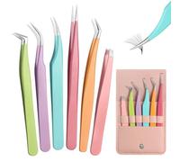 JCF Pinzas de extensión de pestañas, juego de 6 pinzas con funda de cuero, juego de pinzas de precisión profesional, pinzas de cejas de acero inoxidable multicolor para vello facial, mujeres y hombres