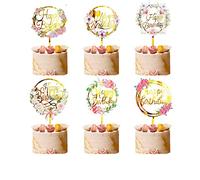 JCKD 6 piezas de decoración de pastel de feliz cumpleaños con patrón de flores, decoración de pastel de acrílico dorado, adecuado para varias fiestas de cumpleaños, niñas, niños, padres, madres