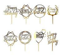 JCKD 8 Piezas Cake Topper, acrílico Feliz Cumpleaños Cake Topper para Mujeres Hombres Niños Padre Madre Cumpleaños Fiesta Pastel Decoración Suministros Accesorios (Oro)