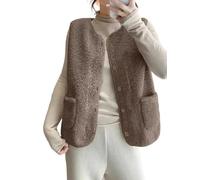 JClorix Chaleco sin mangas mujer Teddy Fleece Chaleco polar Corto Cuello en V Chaleco acolchado térmico con botones y bolsillos Ideal para otoño e invierno