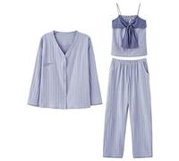 JCNAGXY Big Bow Home Service Three-Piece Pajamas Women's Spring and Autumn Cotton Long-Sleeved Suspenders