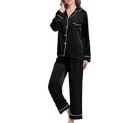 JCQIGOA Pijamas de Seda para Mujer Pijamas de Manga Larga Pijamas Señoras Pijama de Manga Larga Señoras Conjunto Largo Dos Piezas Loungewear Pijama Largo de Noche