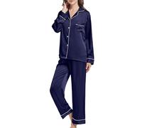 JCQIGOA Pijamas de Seda para Mujer Pijamas de Manga Larga Pijamas Señoras Pijama de Manga Larga Señoras Conjunto Largo Dos Piezas Loungewear Pijama Largo de Noche