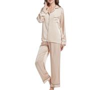 JCQIGOA Pijamas de Seda para Mujer Pijamas de Manga Larga Pijamas Señoras Pijama de Manga Larga Señoras Conjunto Largo Dos Piezas Loungewear Pijama Largo de Noche