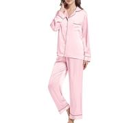 JCQIGOA Pijamas de Seda para Mujer Pijamas de Manga Larga Pijamas Señoras Pijama de Manga Larga Señoras Conjunto Largo Dos Piezas Loungewear Pijama Largo de Noche