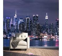 JCSMKFQ Mural 3D de la arquitectura de Nueva York de noche para decoración del hogar arte mural adhesivo de tela de seda.