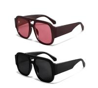 JcunYcb 2 juegos de lentes de sol rectangulares de doble puente retro, visión mejorada para conducción nocturna y actividades al aire libre, diseño cuadrado con lentes rojas y negras