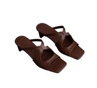 JCVBN - Sandalias de tacón para mujer, punta cuadrada, puntera abierta, parte superior de piel de oveja hueca, correa cruzada, tacón de aguja, sandalias de verano, Brown, 35.5 EU