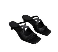 JCVBN - Sandalias de tacón para mujer, punta cuadrada, puntera abierta, parte superior de piel de oveja hueca, correa cruzada, tacón de aguja, sandalias de verano, Black, 39 EU